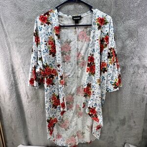 Joe Boxer Womens S/M Floral Kimono Cardigan White Red Rose Cottagecore Shabby